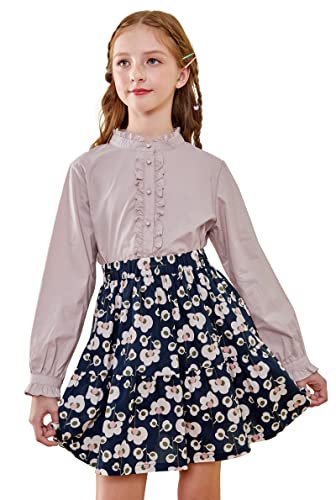 Image of SOLOCOTE Girls White Blouse Ruffle Long Sleeve Button Down Shirts Princess Cotton Loose Soft Tops Spring and Summer, 190903 5-6 Lightpurple