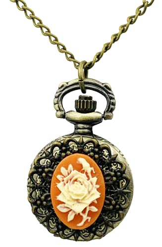 Ladies Rose Cameo Pocket Watch on Long Chain Antique Look