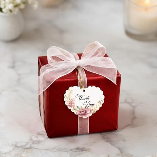 Image of CVANU Heart Shaped Thank You Tags 150-Pcs with Golden String, Floral Design Gift Tags for Wedding Favors| Birthday Party| Small Business Packaging (2.16x2.36 inch) D7