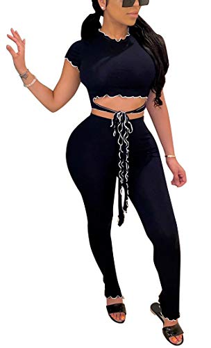 Aro Lora Womens 2 Piece Jumpsuit Ribbed Ruffle Striped Crop Top and Pant Set Casual Outfit Small Black