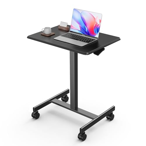 DUMOS Small Rolling Desk Mobile Standing Portable Laptop PC Table with Wheels Adjustable Height...