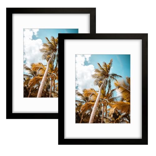 Image of Frametory, 11x14 Picture Frame - Made to Display Pictures 8x10 with Mat or 11x14 Without Mat - Wide Molding - Pre-Installed Wall Mounting Hardware (Black, 2 Pack)