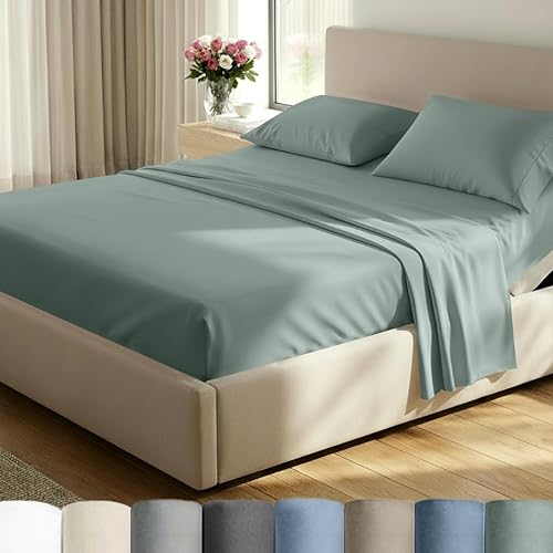Image of California Design Den Split King Sheet Set - 100% Cotton, 600 Thread Count, Breathable Luxury King Size Sheets for Adjustable Bed, Luxury Hotel-Quality Sheets, Soft Sateen (Sage Green - Cool Tone)