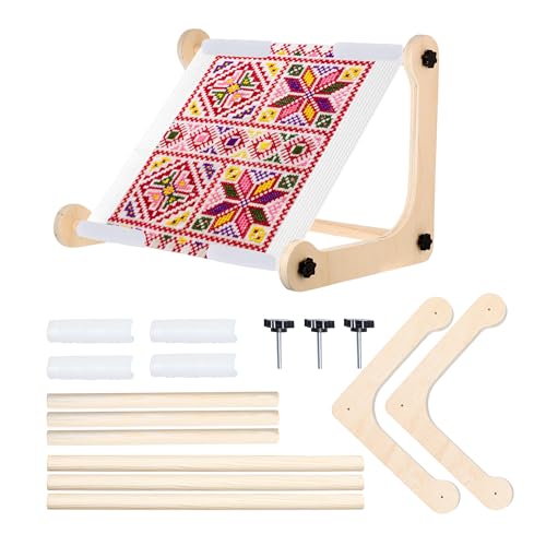 Adjustable Embroidery Table Stand Wood Embroidery Holder Cross Stitch Hoop Stand Hands-Free Cross Stitch Scroll Frame Needlepoint Stand for Lap or Table Top Stitching Sewing Supplies Craft Tool