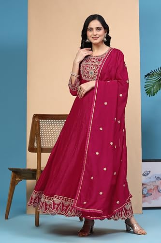 Image of TRENDMALLS Women's Art Silk Embroidery Salwar Suit Set A line Pleated Kurta Pant with Dupatta