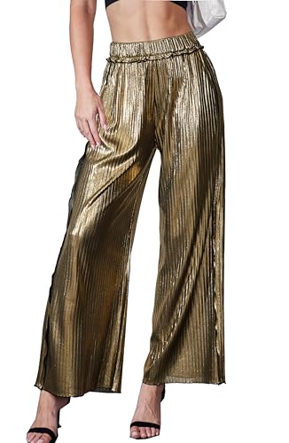 heipeiwa Women's Metallic Wide Leg Palazzo Pants Rib Pleated Raw Hem Party Club Sequin Slacks Pant