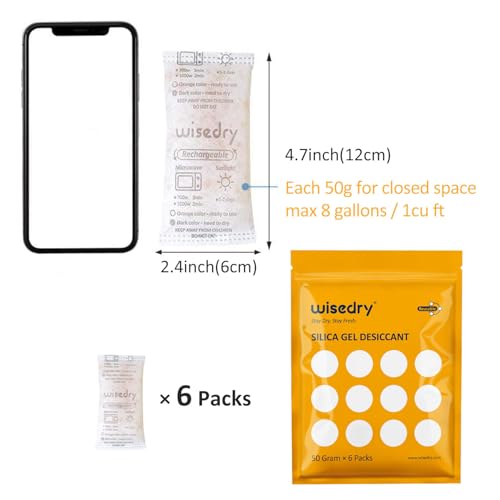 Image of wisedry Rechargeable Silica Gel Sachets 50g [6 Packs] Food Grade Silica Gel Packets Orange to Green Indicating Desiccant Sachets Fast Reactivate Desiccant Bags for Food Medication Books