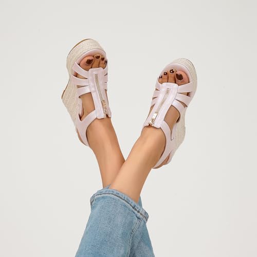 Image of Womens Front Zipper Espadrille Wedge Sandals Dressy, High Heel Platform Sandals Open Toe Slingback, Comfy Sexy Summer Wedges Sandals