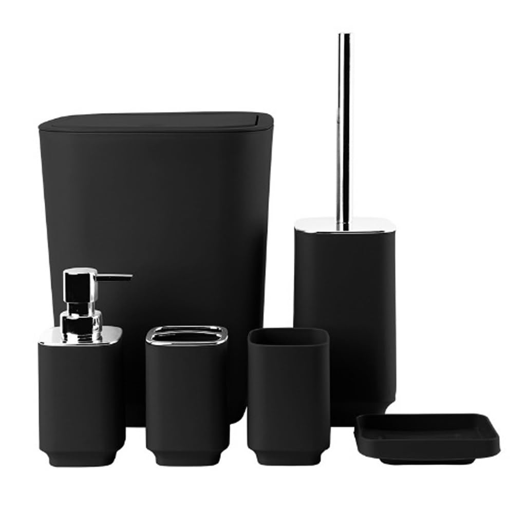 Mouthwash Cup Toothbrush Holder Trash Can Toilet Brush Bathroom Storage Toiletry Set(Black)