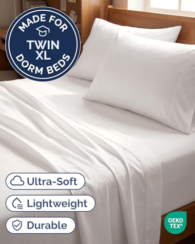 Image of Twin XL 4 Piece Sheet Set - College Dorm Room Essentials - Antique White | Ultra Soft Dorm Bedding Set, 8 inch to 16 inch Inch Deep Pockets, 1 Flat & 1 Fitted Sheet & 2 Pillowcases, Wrinkle & Fade Free