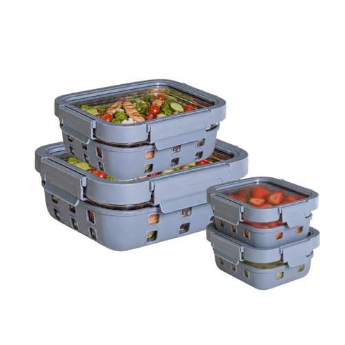 Image of Griplok Glass Lunch Box with Leakproof Lid, Borosilicate Food Storage Container with Silicone Sleeve, Airtight, Microwave /Dishwasher Safe (Glacier Blue, 2x370ml + 1x640ml + 1x1050ml)