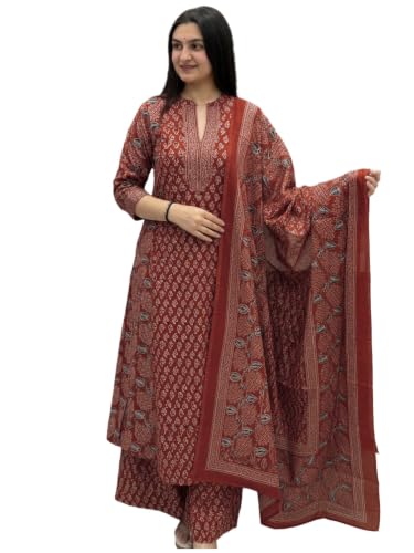 Image of GoSriKi Kurta Sets for Women Viscose Blend Printed | Kurti Set for Woman | Kurta Palazzo Dupatta Set | A Line Kurti | Mandarin Collar 3 /4 Sleeve Suit Set for Women Stylish Ethnic Outfit