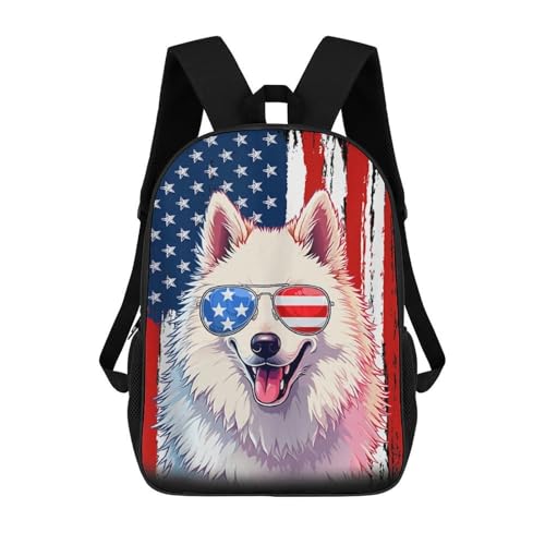 USA America Flag Samoyed Dog Backpack Simple Leisure Travel Backpack Outgoing Daypack 17 Inch