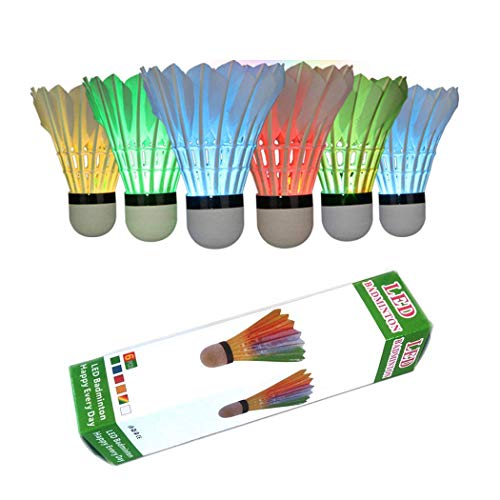 ZHENAN LED Badminton Shuttlecocks Dark Night Glow Birdies Lighting for Outdoor & Indoor Sports Activities (Feather_6pcs)