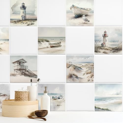 GRAZDesign Fliesenaufkleber Bad & Küche, maritim Leuchtturm Strand Watercolor, Klebefliesen selbstklebend - 15x20cm / 20 Stück GRAZDesign Fliesenaufkleber Bad & Küche, maritim Leuchtturm Strand Watercolor, Klebefliesen selbstklebend - 15x20cm / 20 Stück