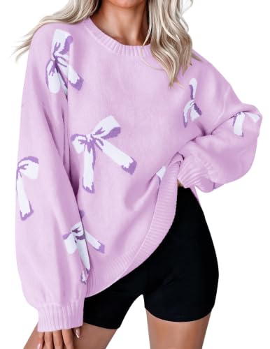 Image of Libsorge Womens Oversized Cute Bows Crewneck Pullover Sweater | Fall Winter Trendy Long Shoulder Balloon Sleeve Cozy Knit Baggy Printed Dressy Casual Valentines Day Vintage Sweaters