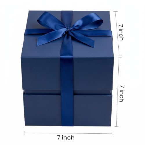 Image of LIFELUM Navy Blue Gift Box 7 x 7 x 7 inch, 1 Pack Magnetic Closure Gift Box for Presents with Ribbon, Card, Shredded Paper Filler for Graduation, Business, Wedding, Birthdays
