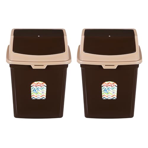 Image of COMET Plastics Dustbin With Swing Lid (6L) | Set Of 2 | Desktop Trash Can For Home, Office etc.|Strong and Durable Virgin Plastic Dustbin| 23cm x 18cm x 30cm |Brown