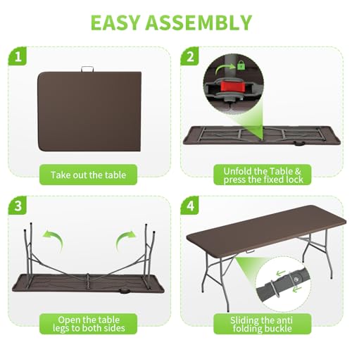 Image of BestOffice 6 FT Picnic Table, Portable Plastic Folding Table with Carrying Handle Perfect for Picnics, Parties, Party and Camping, Brown