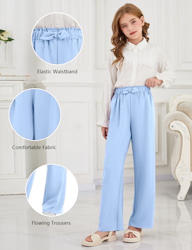Image of Girls Wide Leg Palazzo Pant Loose Straight Cute Bow Waist Spring Summer Lightweight Dress Pant for Kids 5-14Y