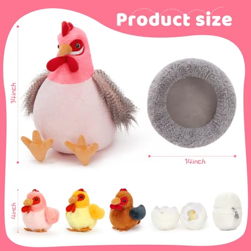Image of MaoGoLan 8Pcs Chicken Stuffed Animals, Stuffed Laying Hen Chicken Plush Toys with 3 Babies Chickens and 3 Eggs,1 Nest House Plush Set, Cute and Soft Farm Stuffed Animals Gift for Kids,Girls,Boys,Pink