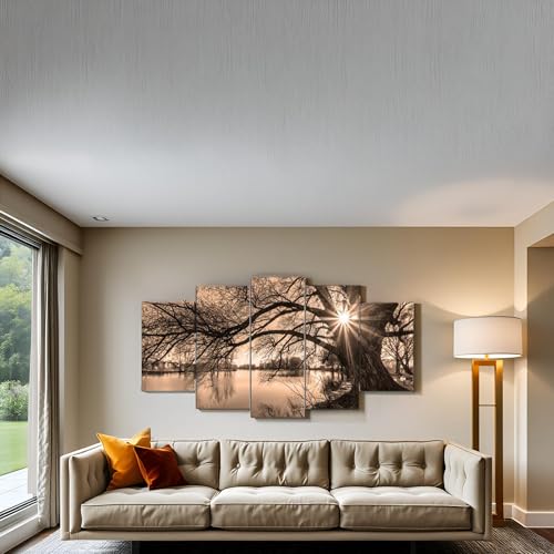 Nachic Wall Large 5 Piece Canvas Wall Art Tree By Lake at Sunset Picture Canvas Prints Vintage Sepia Landscape Photo Painting for Home Office Decor by Nachic Wall - Image 4