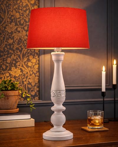 Image of Homesake Handcrafted Wooden Table Lamp for Bedroom & Living Room | Decorative Bedside Reading Lamp with Fabric Shade, E27 Holder | Bulb Included | White Floral Carved Base for Home Decor, Red