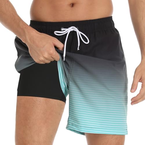 Bañador Hombre Pantalones Cortos de Natación Secado Rápido, Shorts de Baño con Forro de Malla y Bolsillos Traje de Baño Ajustable para Playa Surf Deporte Vacaciones Negro Verde Gradiente M