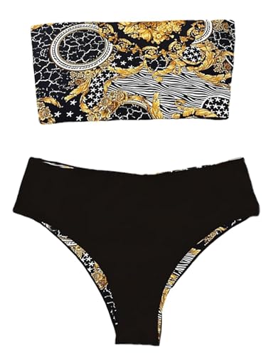 Image of ZAFUL Women's High Cut Bandeau Bikini Set Strapless Solid Color 2 Pieces Bathing Suit Swimsuit