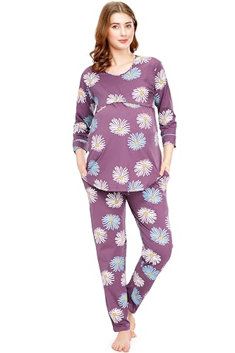 Image of ZEYO Cotton Blend Women's Cotton Floral Printed Nursing & Maternity Night Suit Set Of Top & Relaxed Pyjama Feeding Night Dress 5804