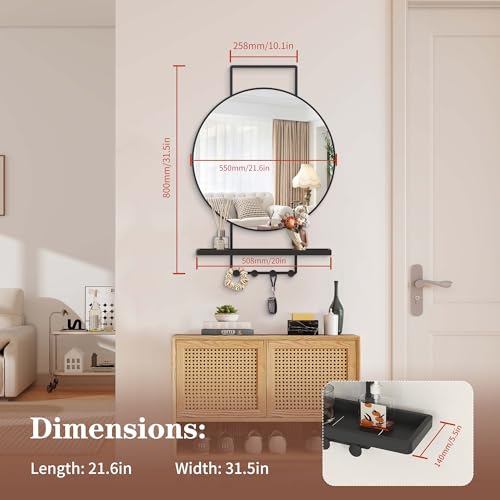 Image of BEAUTME Wall Mirror with Shelf and Hooks, 32x22 Inch Metal Framed Round Bathroom Mirrors with Shelf, Modern Farmhouse Wall Decor for Living Room Bedroom Entryway, Vertical (Black)