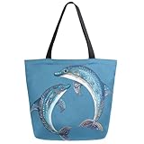 Fashion Extra Large Shoulder Tote Bag, Ethnic Art Design Two Dolphins Blue Canvas Durable Daily Weekender Handle Bag Ideal for Gym Picnic Yoga Beach Travel Kitchen Market Grocery Shopping
