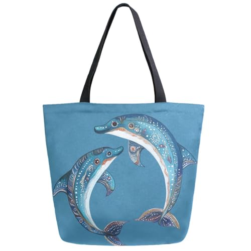 Fashion Extra Large Shoulder Tote Bag, Ethnic Art Design Two Dolphins Blue Canvas Durable Daily Weekender Handle Bag Ideal for Gym Picnic Yoga Beach Travel Kitchen Market Grocery Shopping