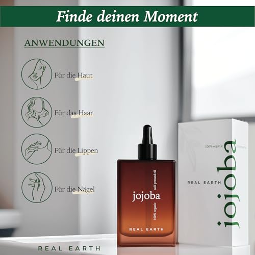 Jojobaöl Bio 100ml – 100% Reines & Kaltgepresstes Gesichtsöl – Für Haut, Haare, Nägel – Feuchtigkeitspflege gegen Akne, Falten & Dehnungsstreifen – Vegan – Real Earth