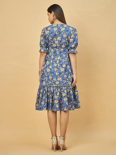 Image of Azira 100% Cotton Printed Fit & Flared Mandarin Collar Midi Dress | Casual Dress | Dress for Woman | Summer Dress