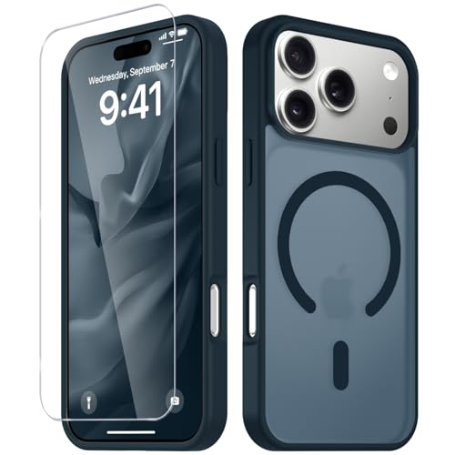 Image of YENAPOON for iPhone 17 Pro Max Case, Matte Magnetic Phone Cover [with 1 Screen Protector] [Support for MagSafe] [Shockproof Military Grade Protection] Translucent Frosted Back, Navy Blue
