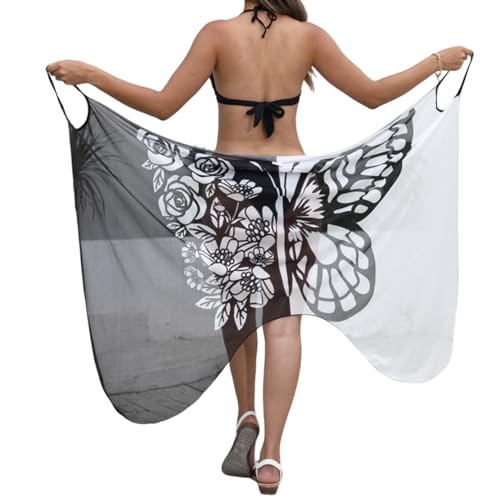 Minetom Strandkleid Damen Wickelkleid Sommerkleid Strandponcho Pareos Sommer Bikini Cover Up Schmetterling Strandtuch Sarong A Schwarz M