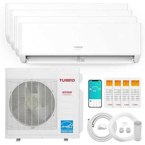 TURBRO 36,000 BTU 4 Zones Mini Split AC/Heat Pump, 22.5 SEER2, R454B, Ductless Inverter, WiFi, Greenland (3 x 9K+12K), 230V, includes 64ft copper linesets for whole home, 4 rooms, open floor plan