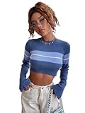 MakeMeChic Women's Striped Long Flounce Sleeve Color Block Pullover Sweater Crop Tops Blue S