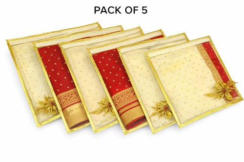 Image of RAAHII 5 Piece Wedding Gifting Transparent single saree cover with zip, suit packing plastic covers for sadi, duppata, clothes bags, lehenga, kurti for wardrobe storage organizer (Golden)