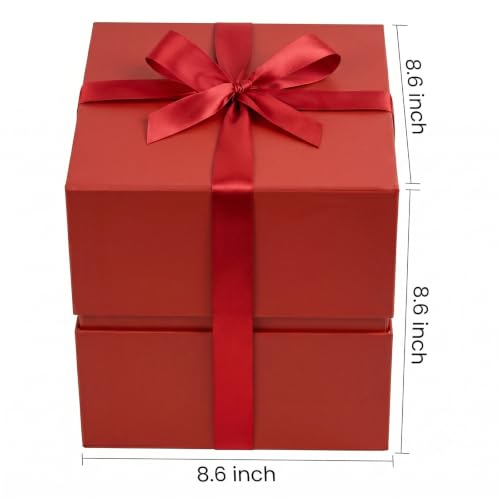 Image of LIFELUM Red Square Gift Box 8.6 x 8.6 x 8.6 inch, 1 Pack Gift Box with Lid Magnetic Closure Includes Greeting Card, Ribbon, Paper Filler for Wedding, Christmas, Birthday Gifts