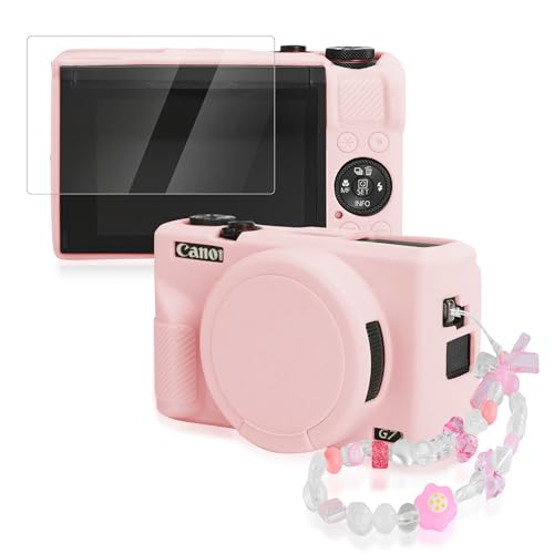 Seltureone Camera Case for Canon Powershot G7X Mark III with Screen Protective Film and Camera Chain, Soft Silicone Case for Canon Powershot G7X Mark III Accessories - Pink
