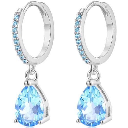 MASOP Creolen Silber 925 11mm mit Anhänger Hell Blau AAA Zirkonia 9mm Silberohrringe Wassertropfen Stein Hängend Klein Schmuck Geschenke für Damen Freundin Frauen Mädchen