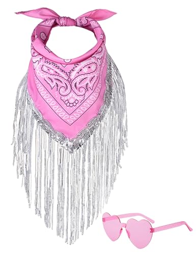 JIANGLAI Fringe Rhinestone Bandana with Heart Sunglasses Disco Cowgirl Bachelorette (Pink)