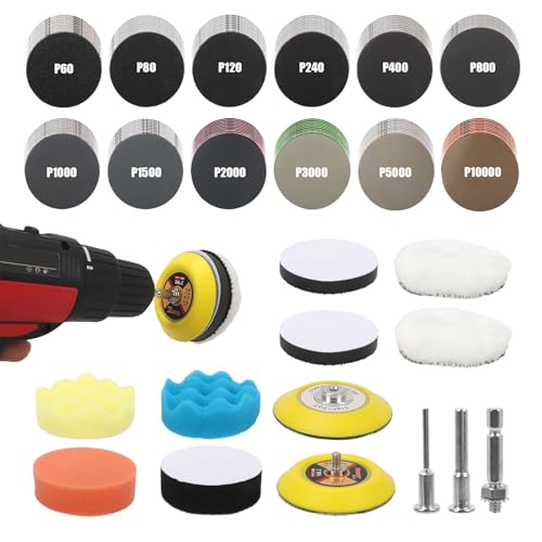 Qivine 133 Pièces Kit Polissage Voiture, 75mm Pad Polissage avec Disque de Ponçage, 800,1000,2000,3000 Papier a Poncer Carrosserie pour Poncer Voitures, Vitres de Douche, Bois, Métal