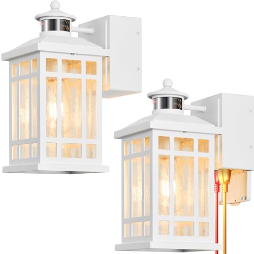Image of White 2-Pack Porch Lights with GFCI Outlet, Modern Updated Dusk to Dawn Outdoor Lighting, Waterproof Outdoor Light Fixture with Tempered Glass, Outside Light Wall Mount for House Garage