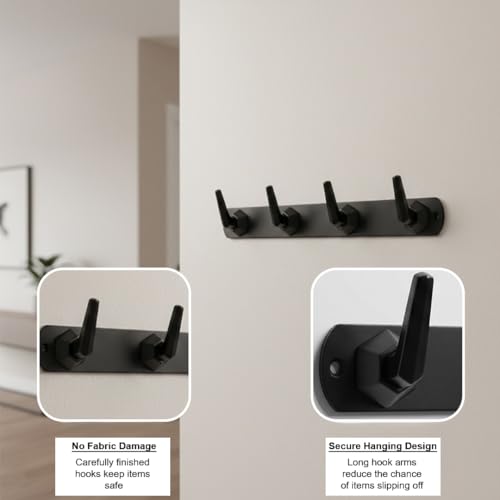 Image of Modern Design Cloth Hanger for Wall /4 Hook Dress Hanger for Door Mount /Bathroom Hooks for Hanging (Black Finish) Pack of 1-| 3 Years Warranty |