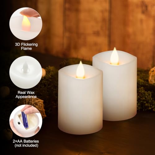 Image of 3x4 Flickering Flameless Candles Set of 2,Real Wax LED Battery Operated Candles,with Timer,4 inch Flameless Candles with Remote,for Holiday Home Decor,White