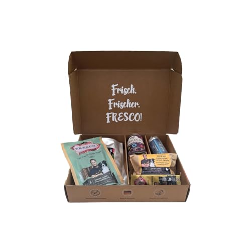 FRESCO Dog Feinschmeckerbox Geflügel - Geschenkbox für Hunde mit Snacks, Kaustangen und BARF-Menüs - 100% natürlich und getreidefrei - Leckerlis und Hundefutter für alle Rassen (300g, Geflügelfleisch)