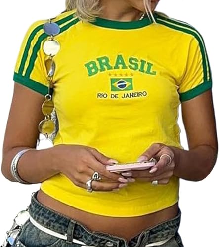 Vintage Graphic Baby Tees for Women Brazil Shirt Y2k Tops Baby Crop Tees 90s Summer Going Out Tops Streetwear Shirts